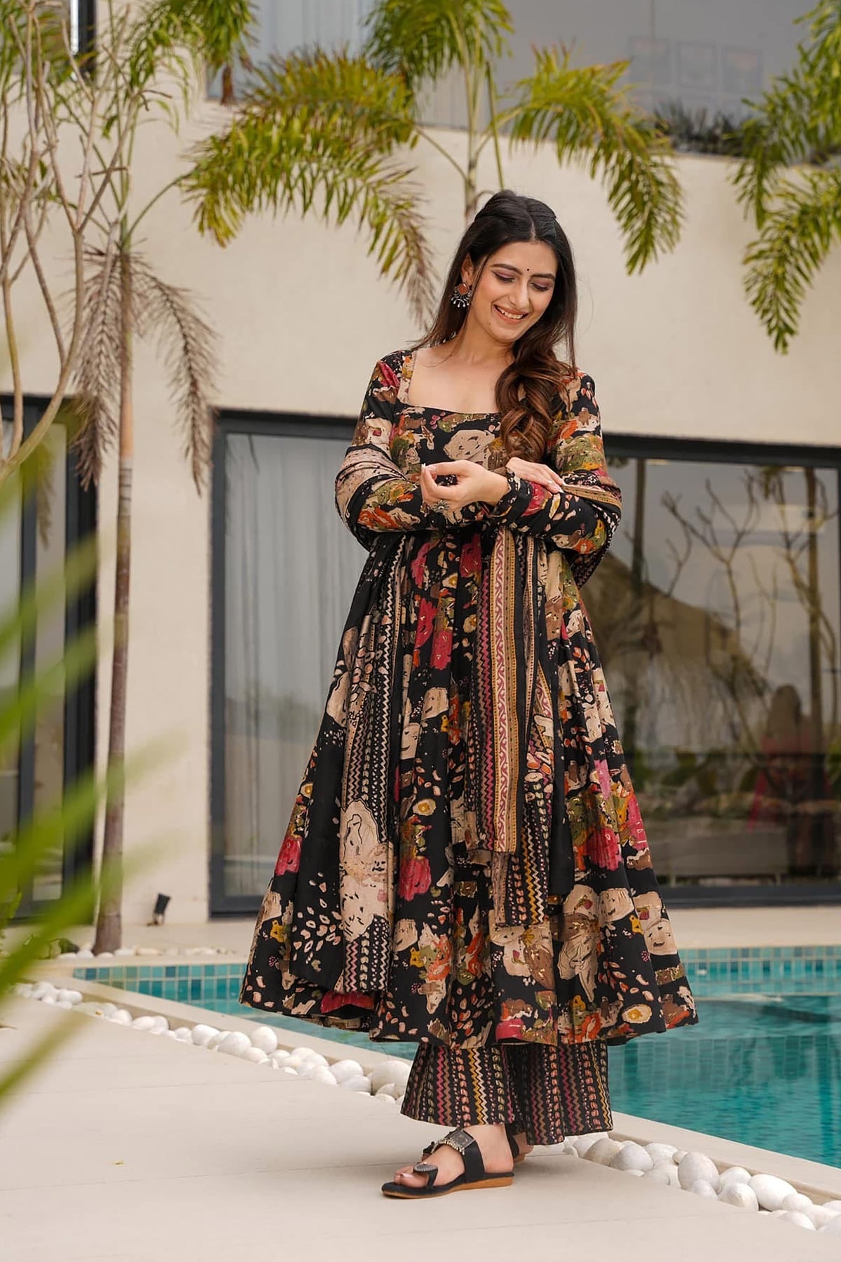 Multi-Color Digital Print Anarkali Gown | Heavy Mal Cotton Couture with Dupatta
