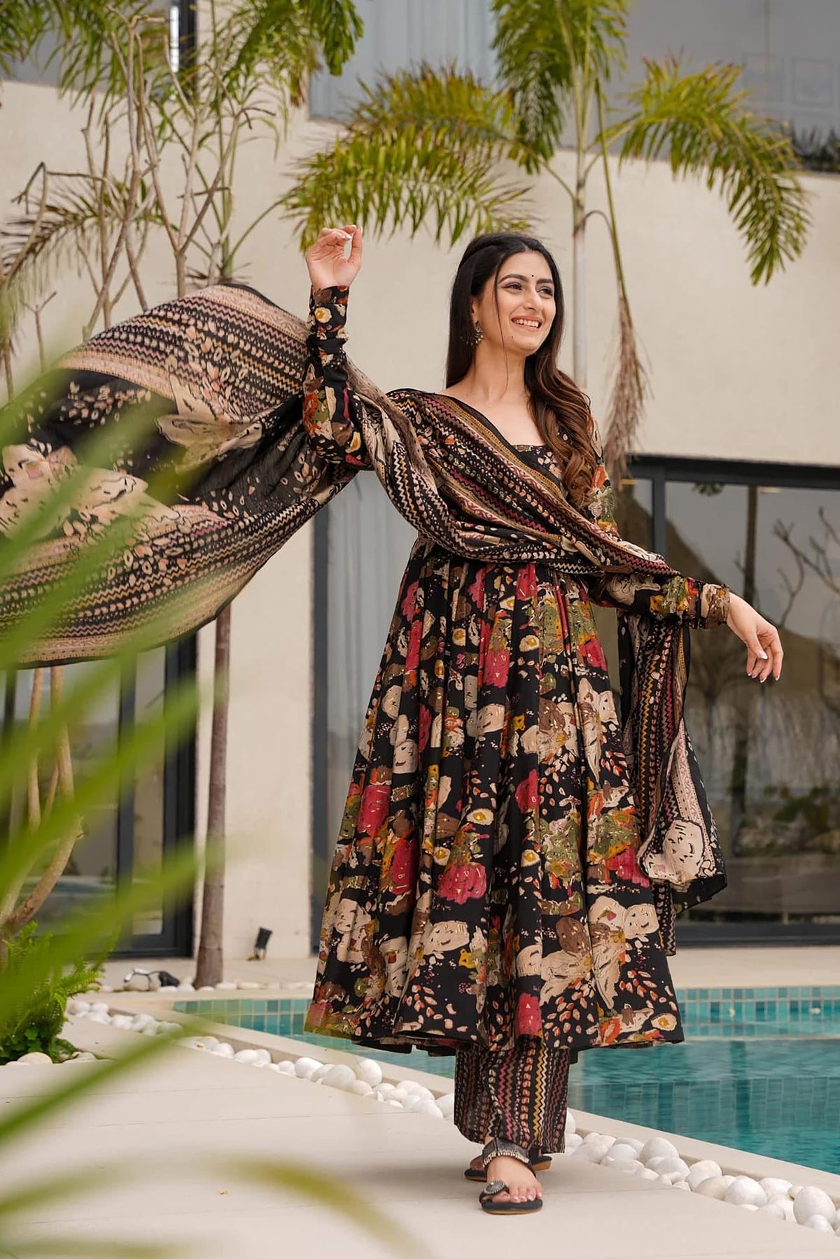 Multi-Color Digital Print Anarkali Gown | Heavy Mal Cotton Couture with Dupatta