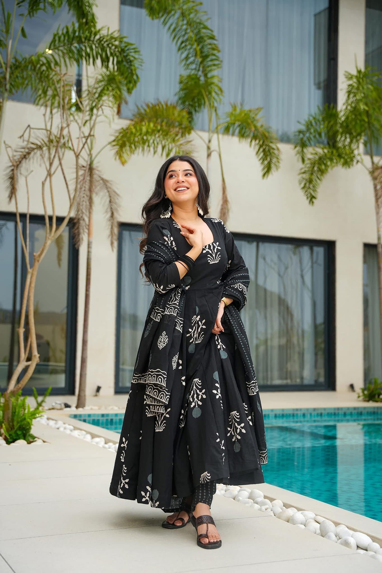 Multi-Color Digital Print Anarkali Gown | Heavy Mal Cotton Couture with Dupatta