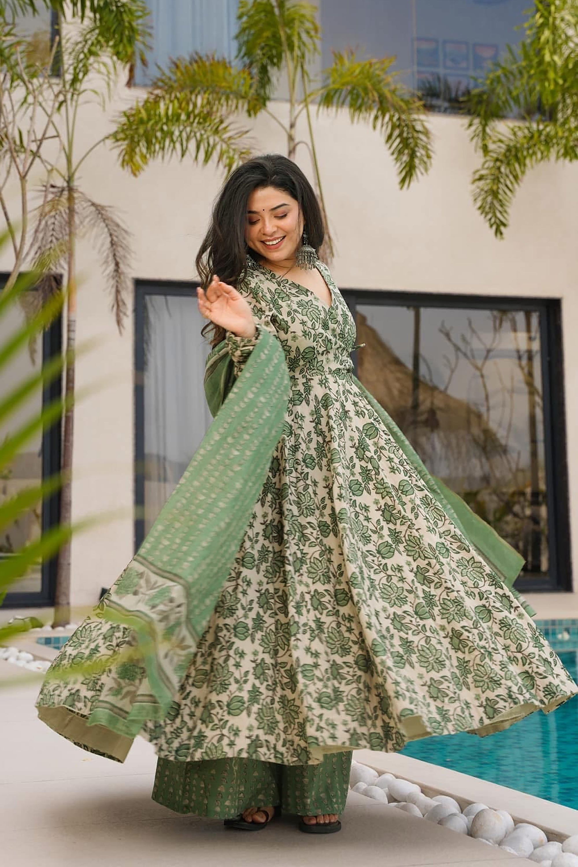 Blush Garden Heavy Air Tex Chinon Designer Suit | Printed Delicate Ensemble