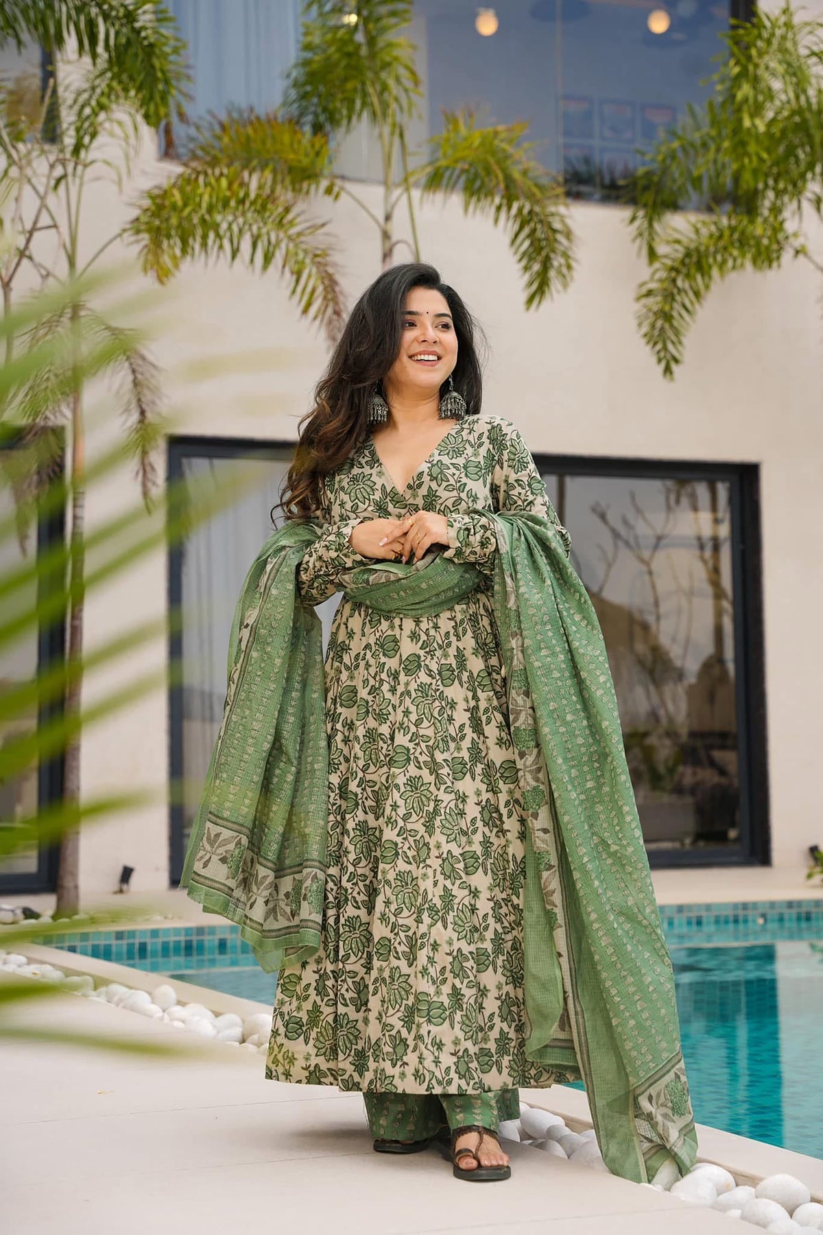Multi-Color Digital Print Anarkali Gown | Heavy Mal Cotton Couture with Dupatta