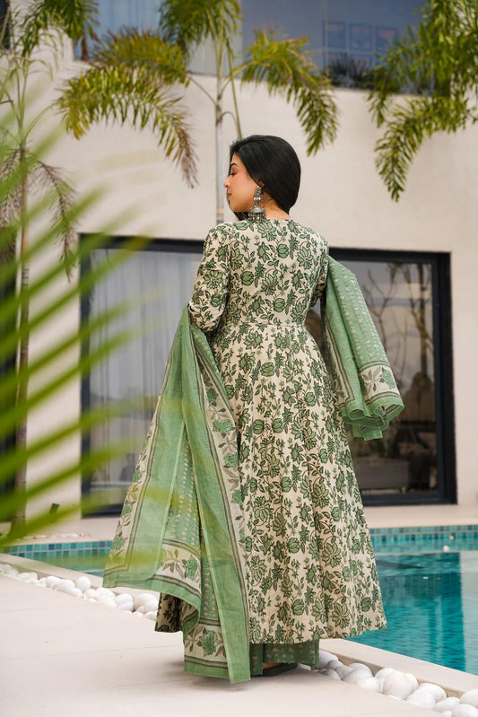 Multi-Color Digital Print Anarkali Gown | Heavy Mal Cotton Couture with Dupatta