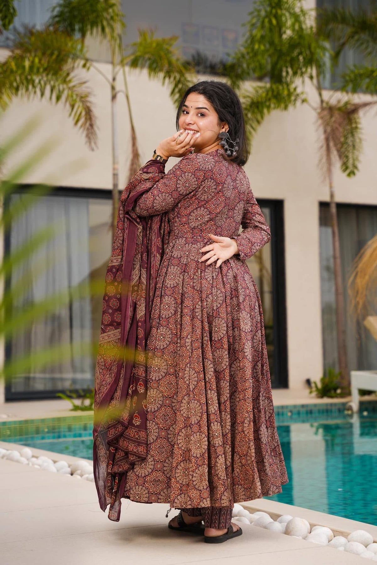 Multi-Color Digital Print Anarkali Gown | Heavy Mal Cotton Couture with Dupatta