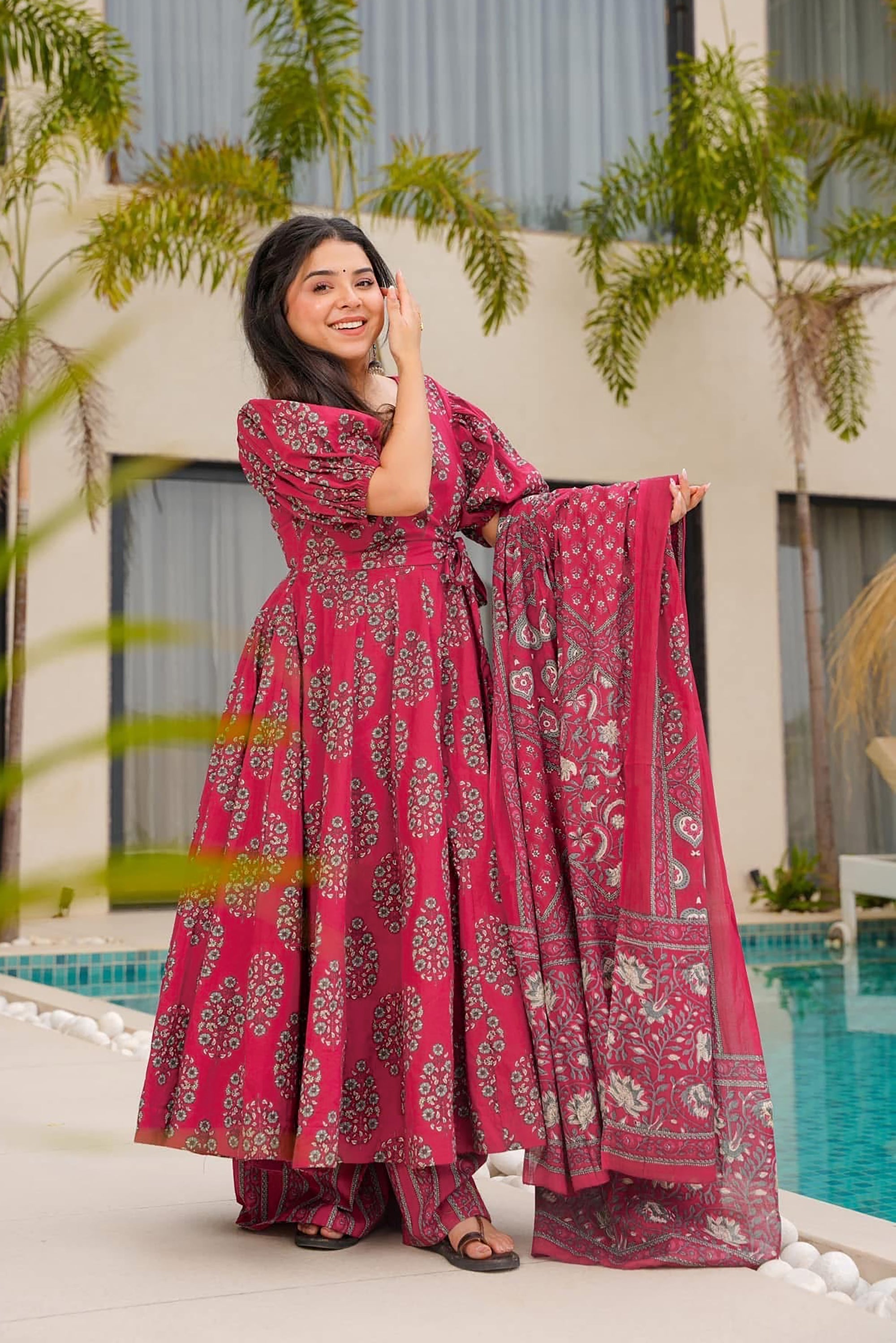 Wine Heritage Heavy Air Tex Chinon Designer Suit | Printed Traditional Ensemble