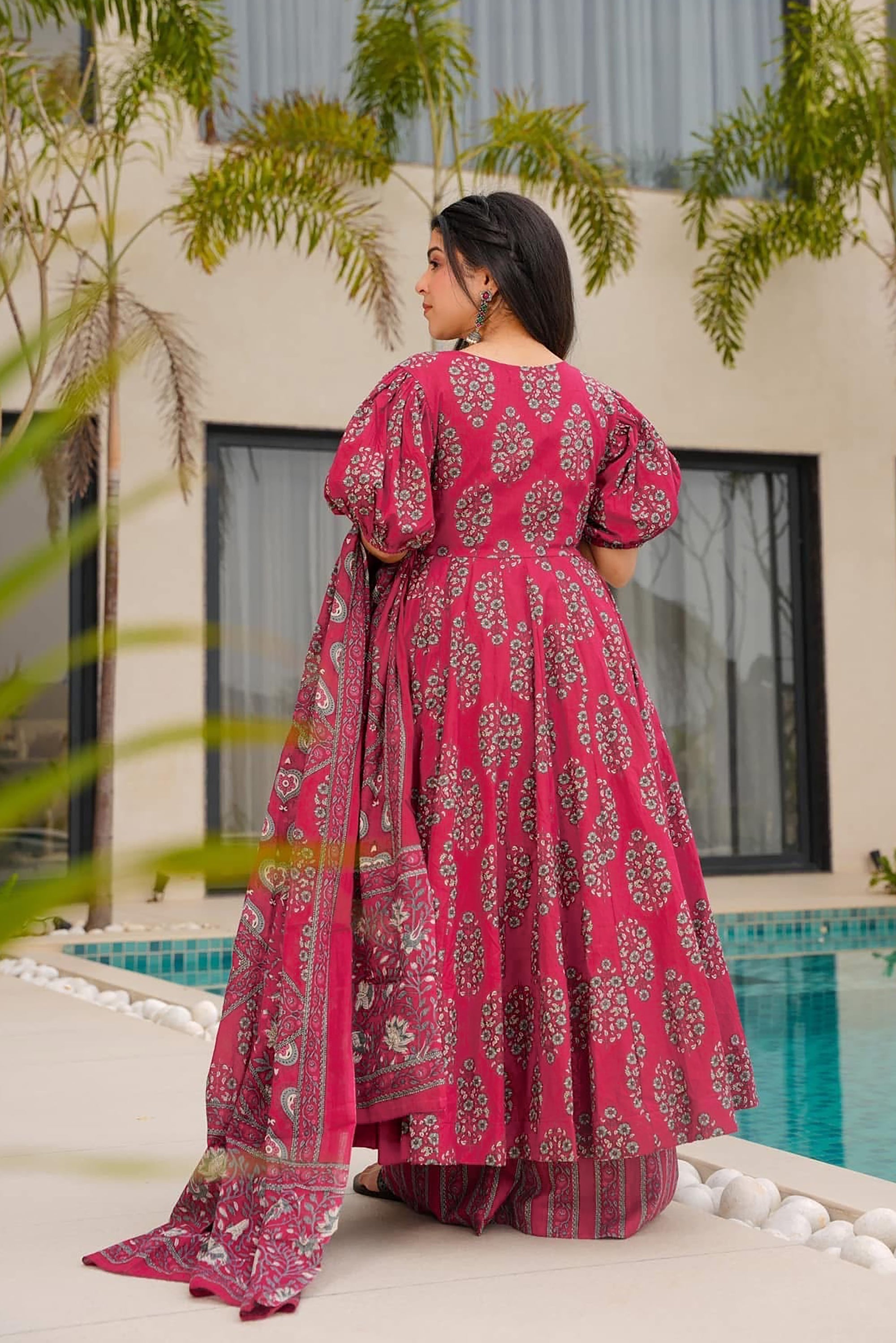 Wine Heritage Heavy Air Tex Chinon Designer Suit | Printed Traditional Ensemble