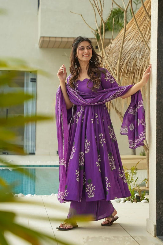 Multi-Color Digital Print Anarkali Gown | Heavy Mal Cotton Couture with Dupatta