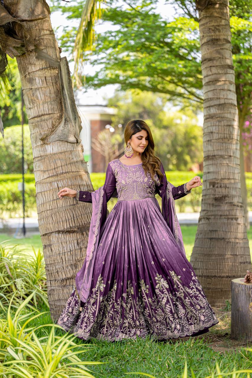 Purple & White Pure Peding Chinon Gown | Heavy 3mm Sequence Embroidery Couture