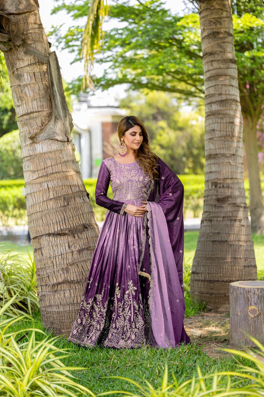 Purple & White Pure Peding Chinon Gown | Heavy 3mm Sequence Embroidery Couture