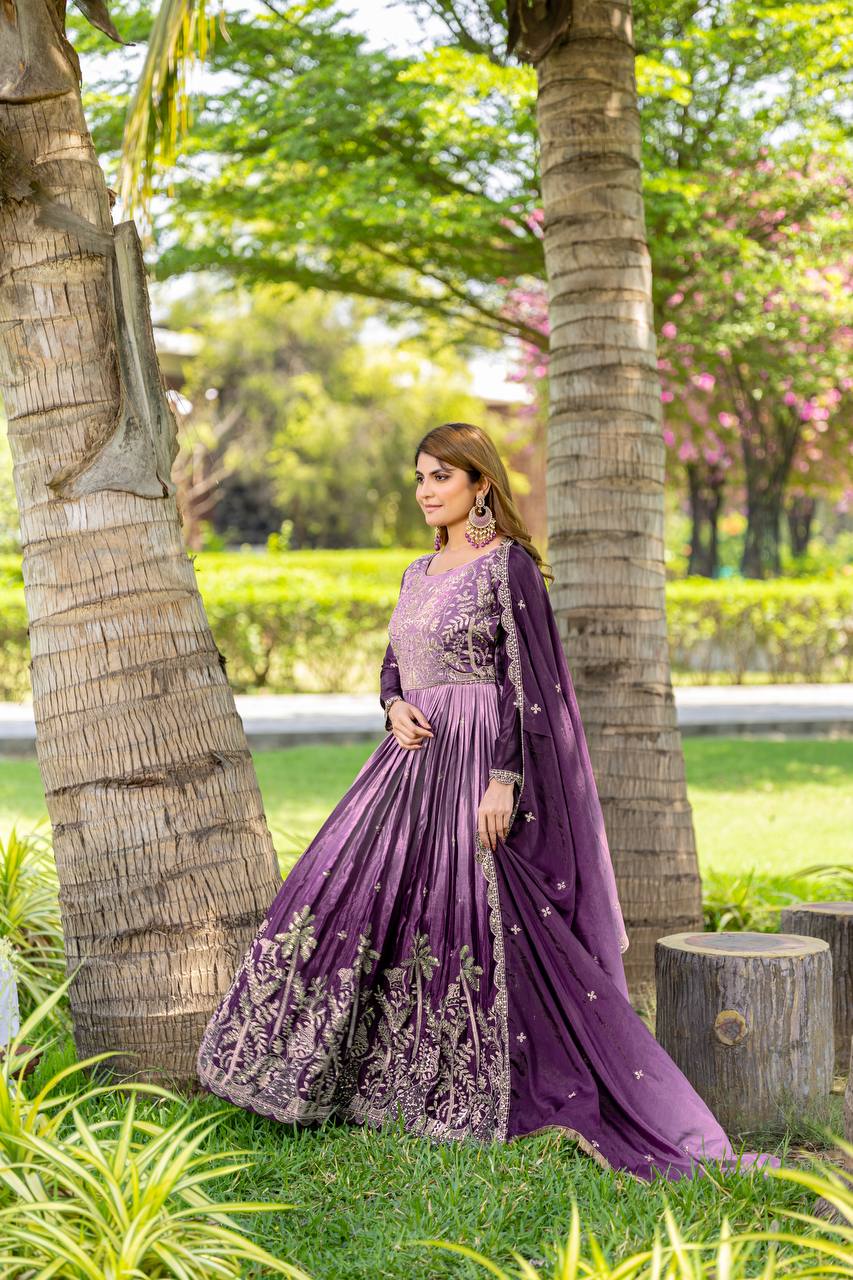 Purple & White Pure Peding Chinon Gown | Heavy 3mm Sequence Embroidery Couture