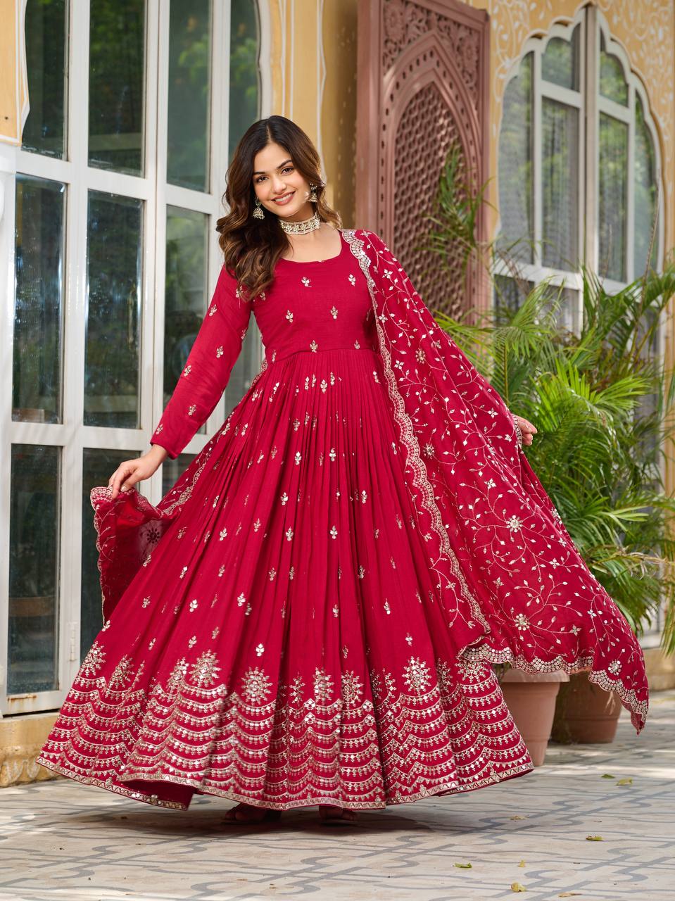 Rani Pure Vichitra Silk Gown | Heavy 7mm Sequence Embroidery Couture