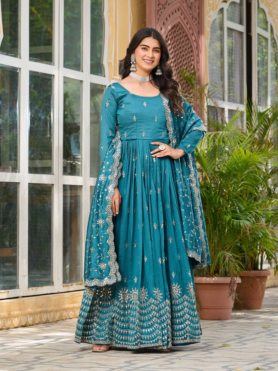 Sky Pure Vichitra Silk Gown | Heavy 7mm Sequence Embroidery Couture