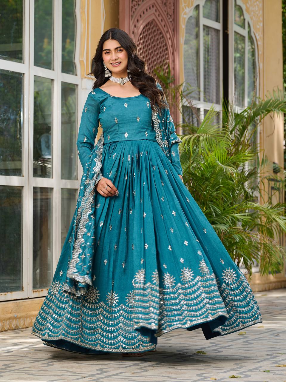 Sky Pure Vichitra Silk Gown | Heavy 7mm Sequence Embroidery Couture