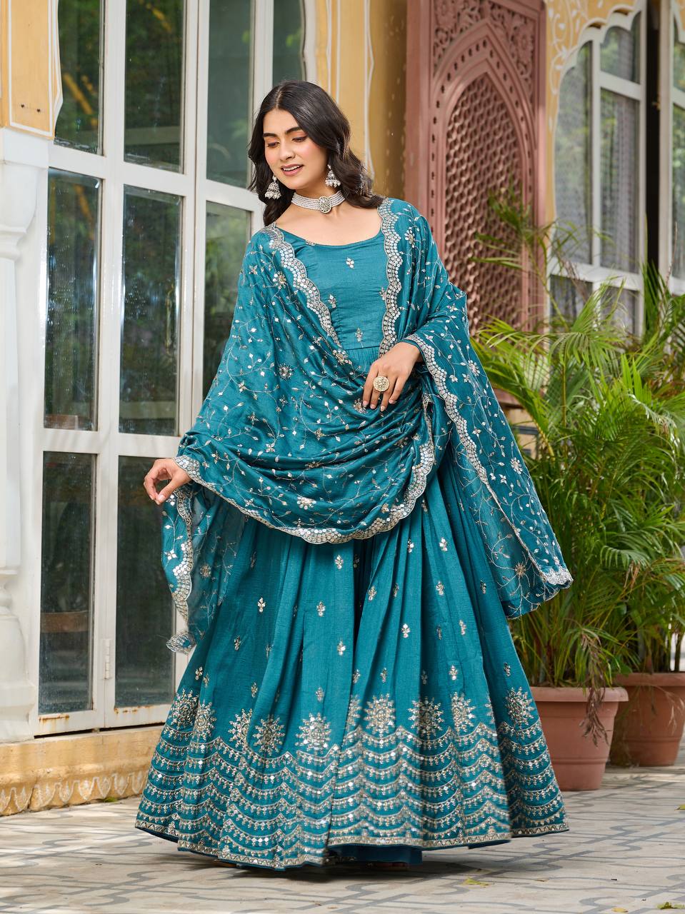 Sky Pure Vichitra Silk Gown | Heavy 7mm Sequence Embroidery Couture
