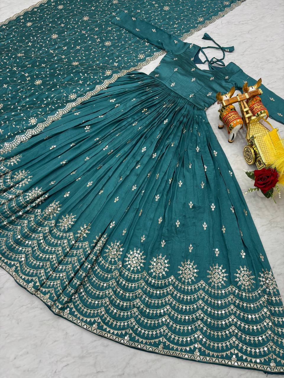 Blue Chinon Gown | Heavy Embroidery Thread & Sequence Work Couture