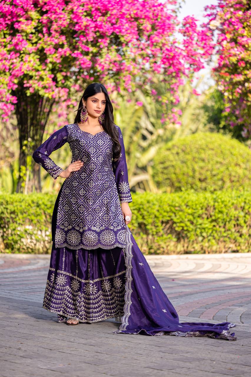 Blue Chinon Gown | Heavy Embroidery Thread & Sequence Work Couture