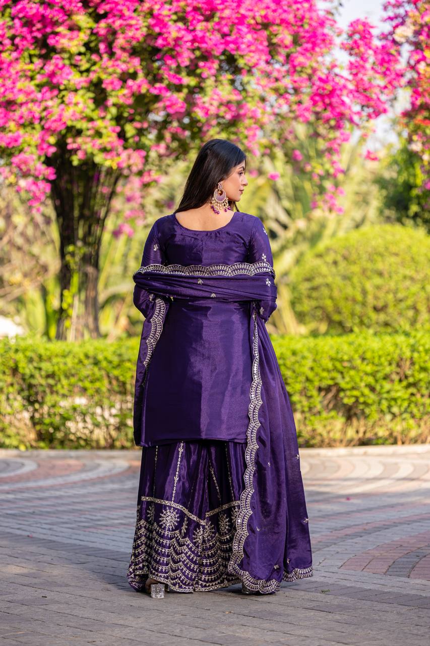 Blue Chinon Gown | Heavy Embroidery Thread & Sequence Work Couture