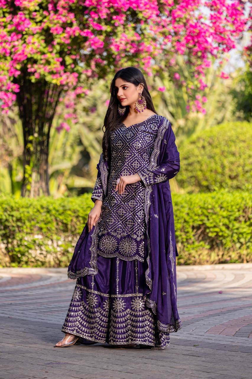 Blue Chinon Gown | Heavy Embroidery Thread & Sequence Work Couture