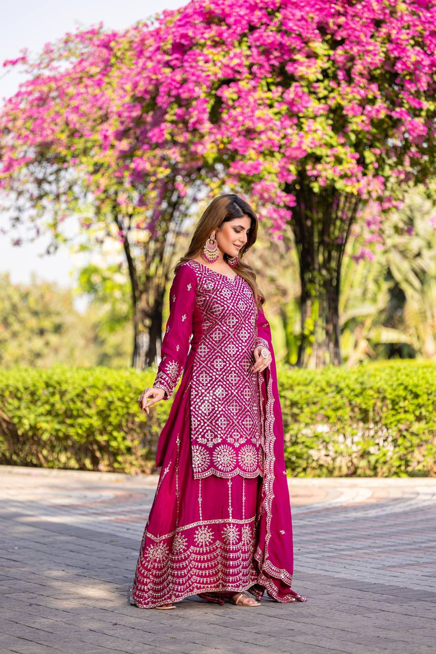 Pink Chinon Gown | Heavy Embroidery Thread & Sequence Work Couture