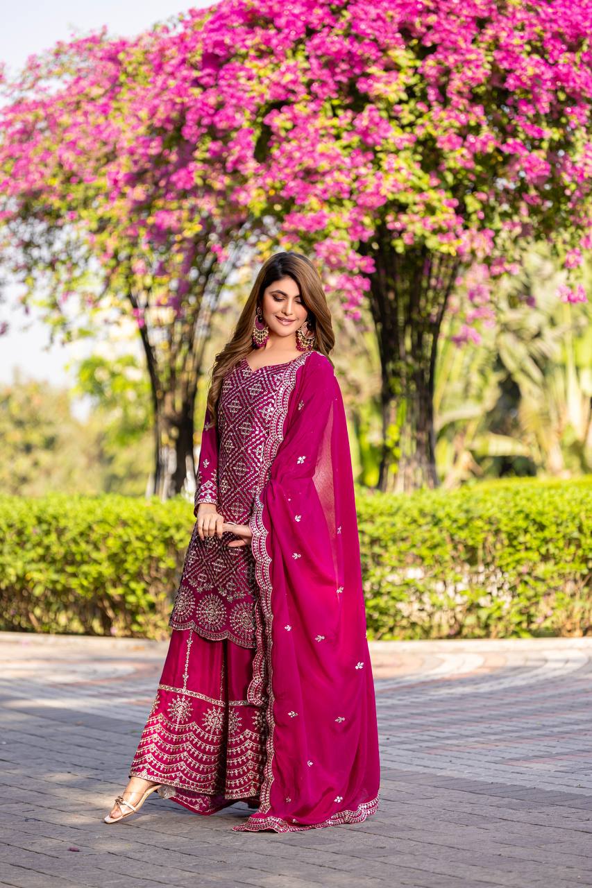 Pink Chinon Gown | Heavy Embroidery Thread & Sequence Work Couture
