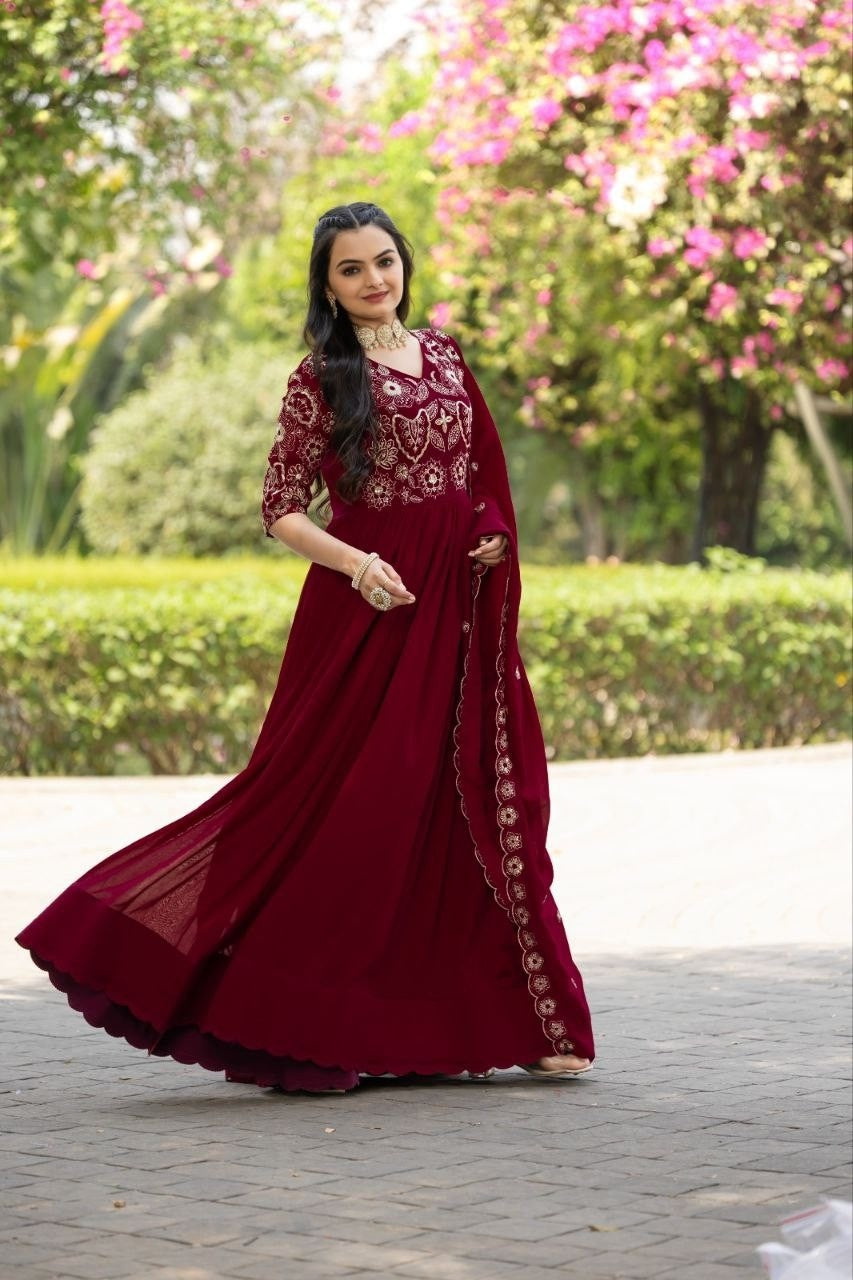 Maroon Shimmer Vichitra Gown | Rich Sequins Multi Embroidered Arco-Lace Couture