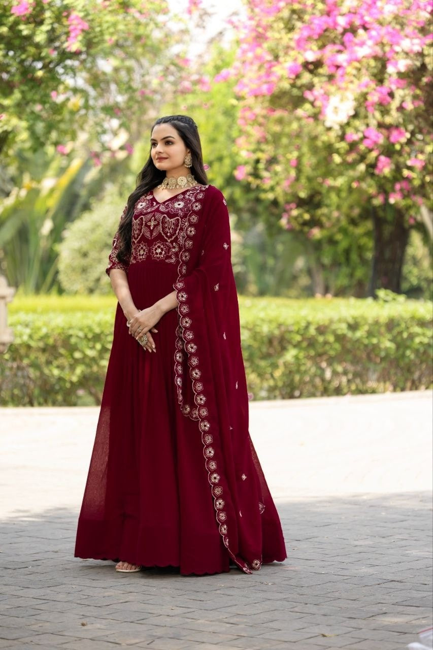 Maroon Shimmer Vichitra Gown | Rich Sequins Multi Embroidered Arco-Lace Couture