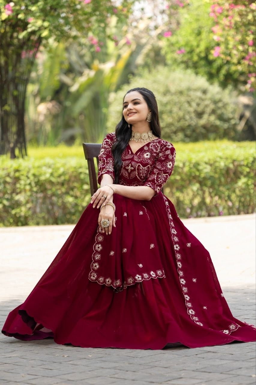 Maroon Shimmer Vichitra Gown | Rich Sequins Multi Embroidered Arco-Lace Couture