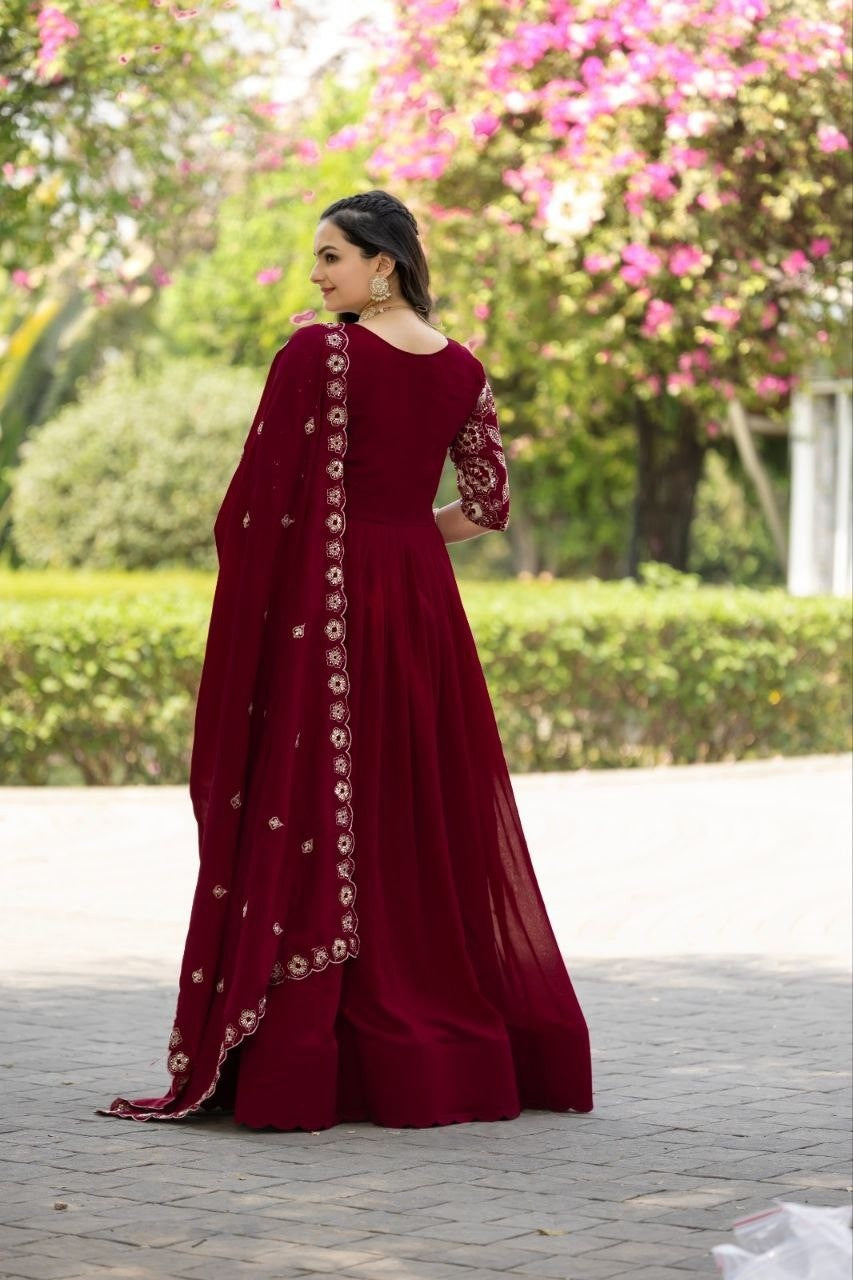 Maroon Shimmer Vichitra Gown | Rich Sequins Multi Embroidered Arco-Lace Couture