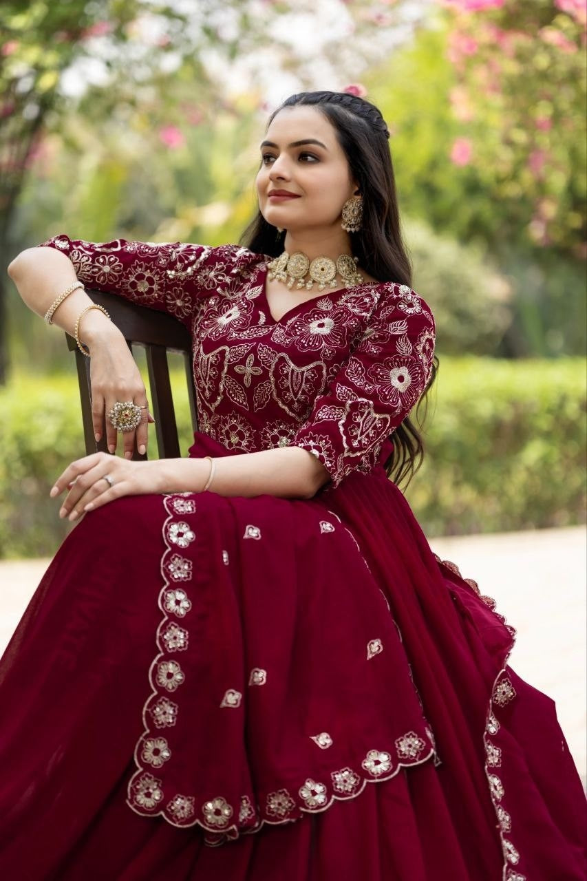 Maroon Shimmer Vichitra Gown | Rich Sequins Multi Embroidered Arco-Lace Couture