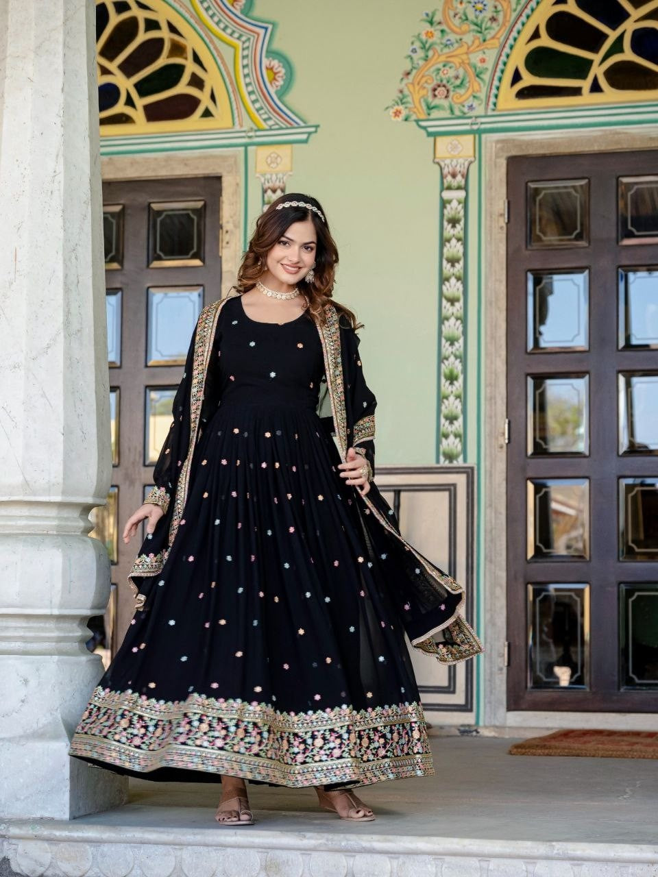 Black Faux Blooming Gown | Sequins Embroidered Designer Lace Border Couture