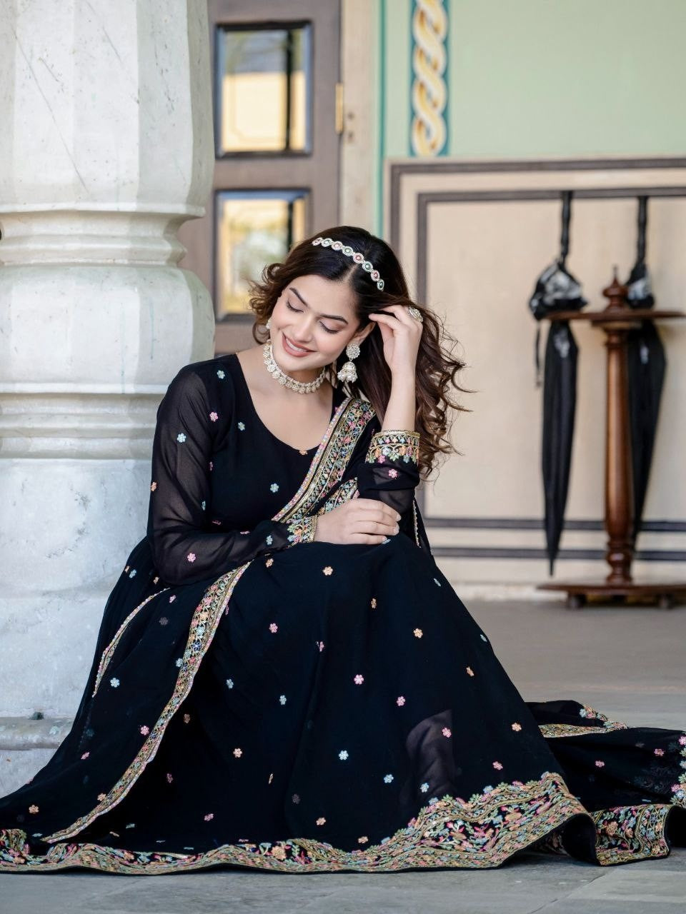 Black Faux Blooming Gown | Sequins Embroidered Designer Lace Border Couture