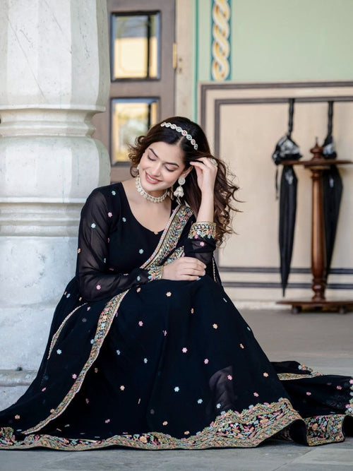 Black Faux Blooming Gown | Sequins Embroidered Designer Lace Border Couture