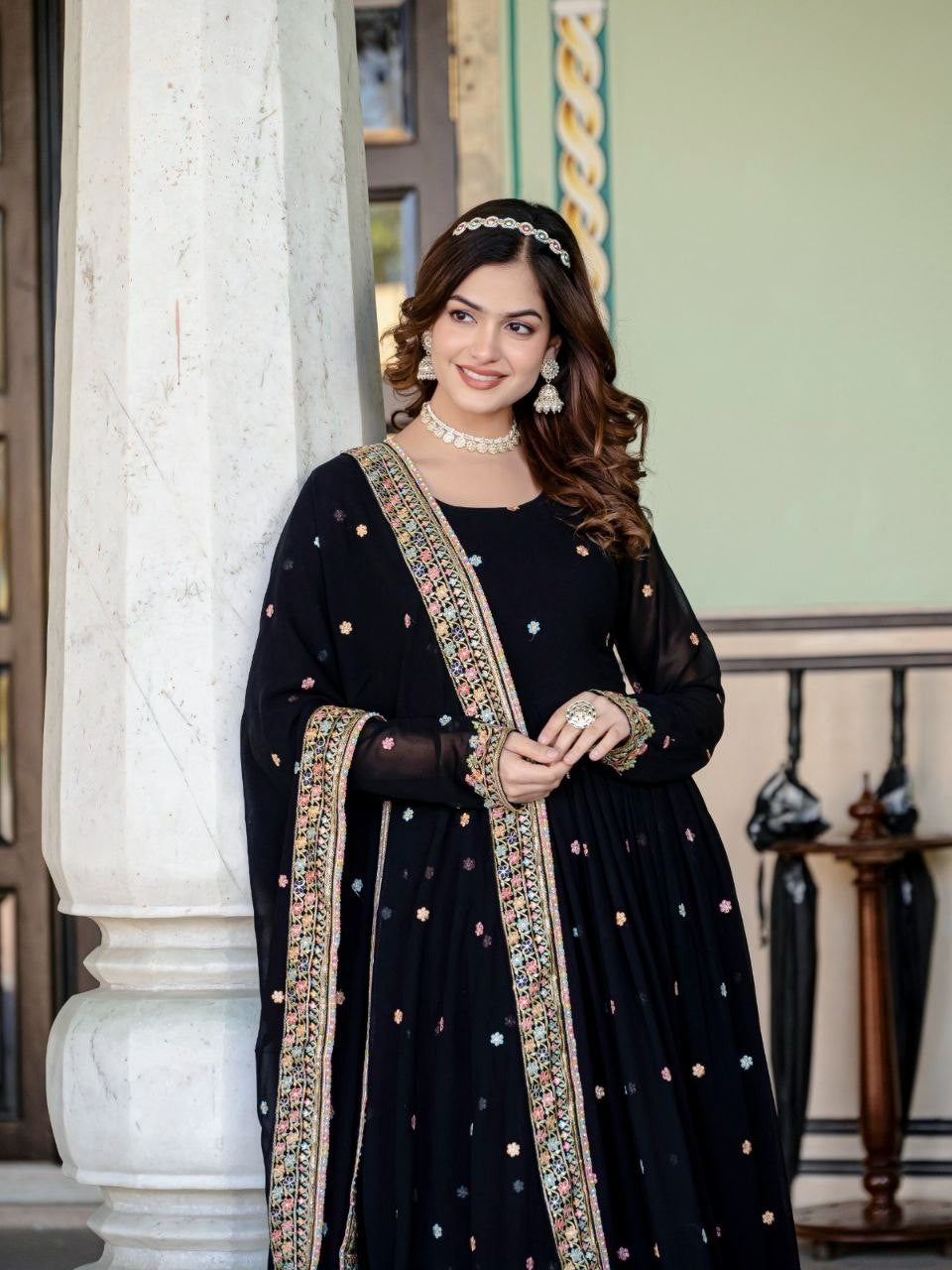 Black Faux Blooming Gown | Sequins Embroidered Designer Lace Border Couture