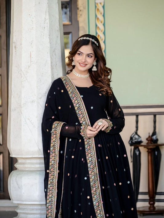 Black Faux Blooming Gown | Sequins Embroidered Designer Lace Border Couture