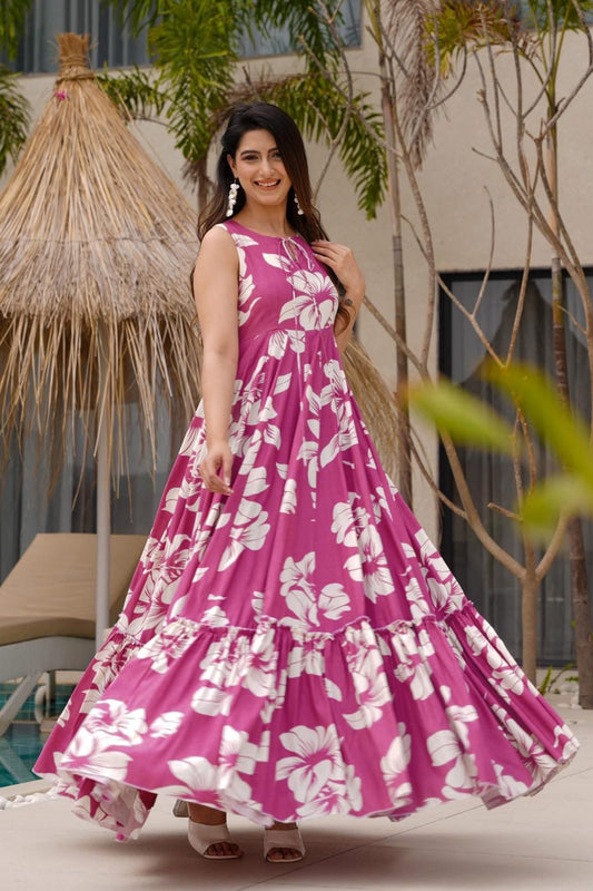 Heavy Rayon Digital Anarkali Gown | Fully Flared Design with Covered Back