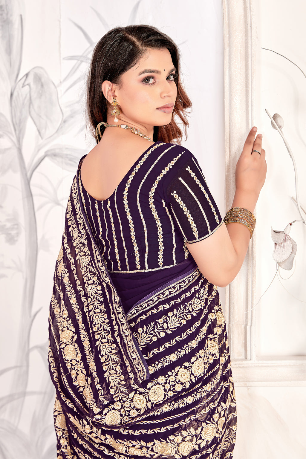 Purple Georgette Saree | Heavy Resham & Jari Embroidery with Work Blouse