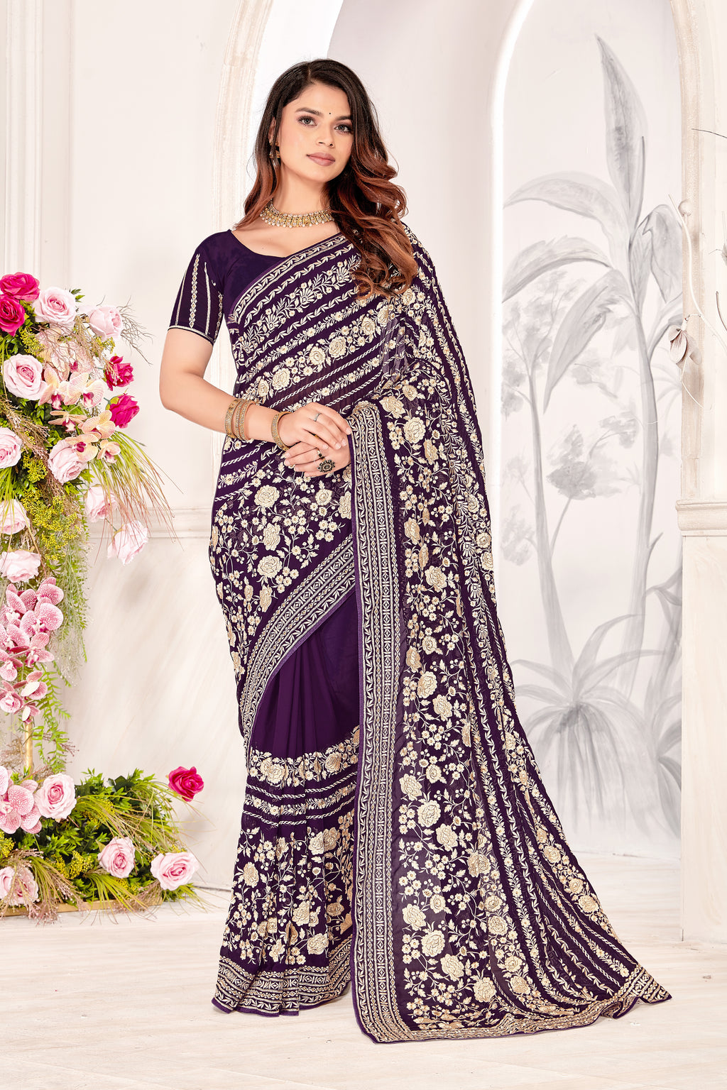 Purple Georgette Saree | Heavy Resham & Jari Embroidery with Work Blouse
