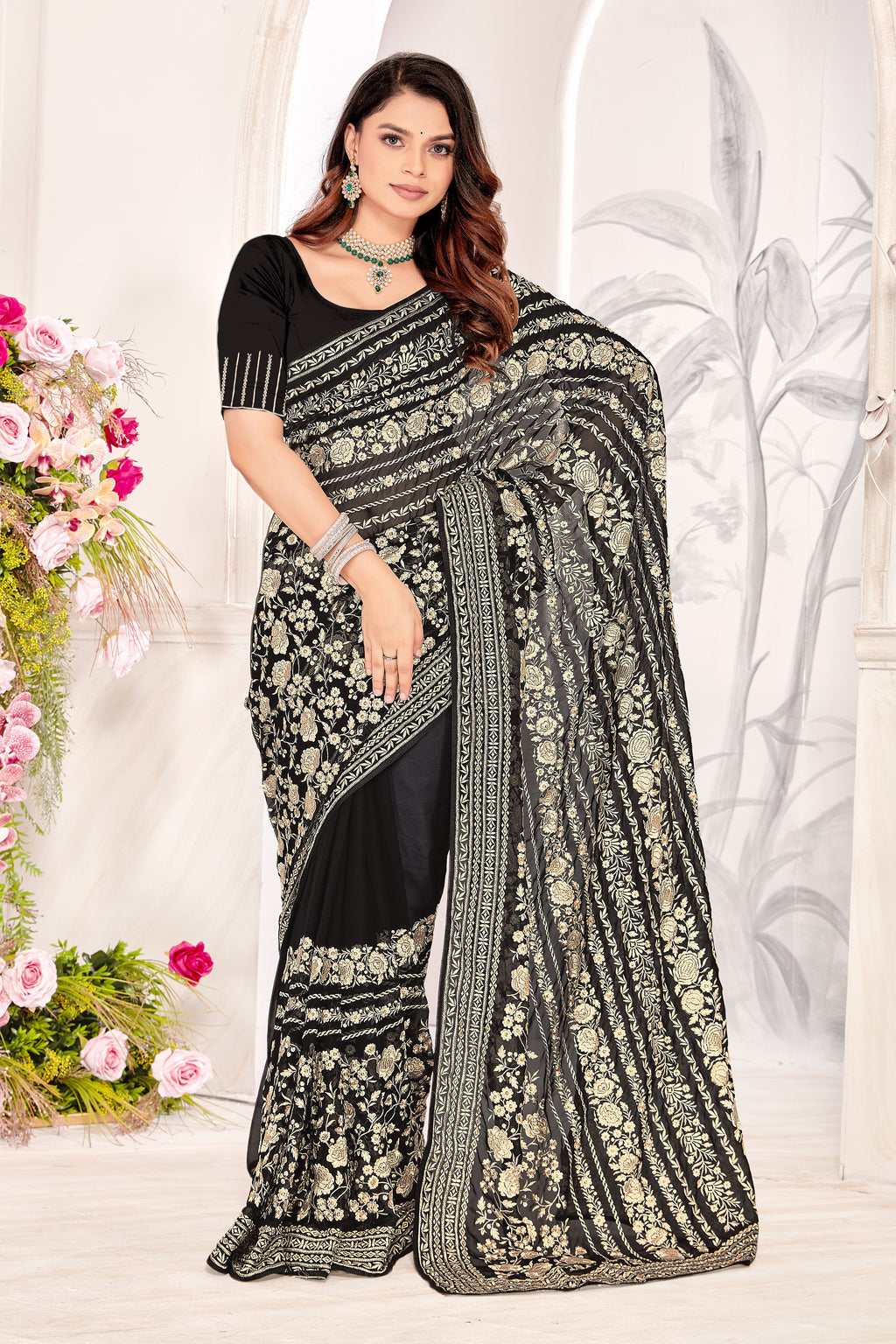 Black Georgette Saree | Heavy Resham & Jari Embroidery with Work Blouse