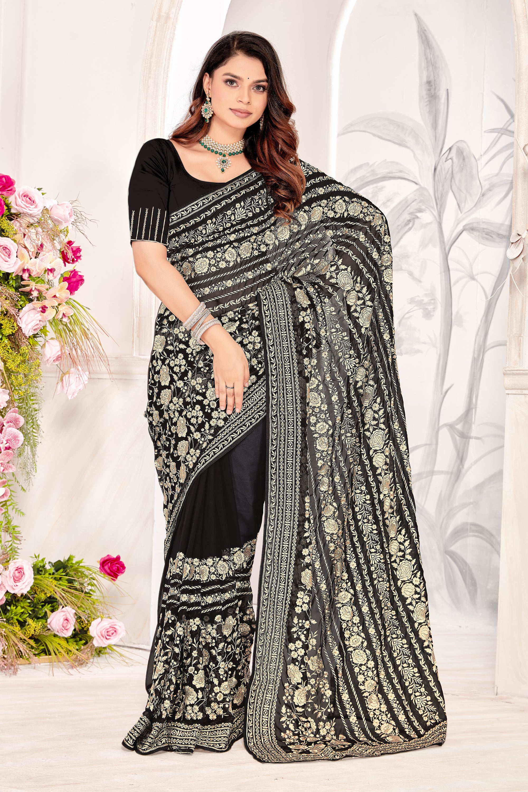 Black Georgette Saree | Heavy Resham & Jari Embroidery with Work Blouse