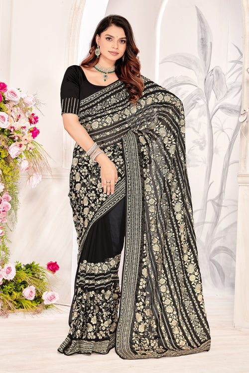 Black Georgette Saree | Heavy Resham & Jari Embroidery with Work Blouse