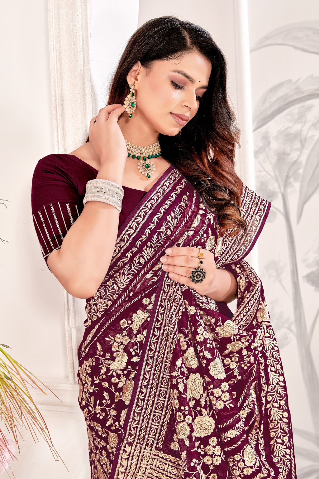 Maroon Georgette Saree | Heavy Resham & Jari Embroidery with Work Blouse