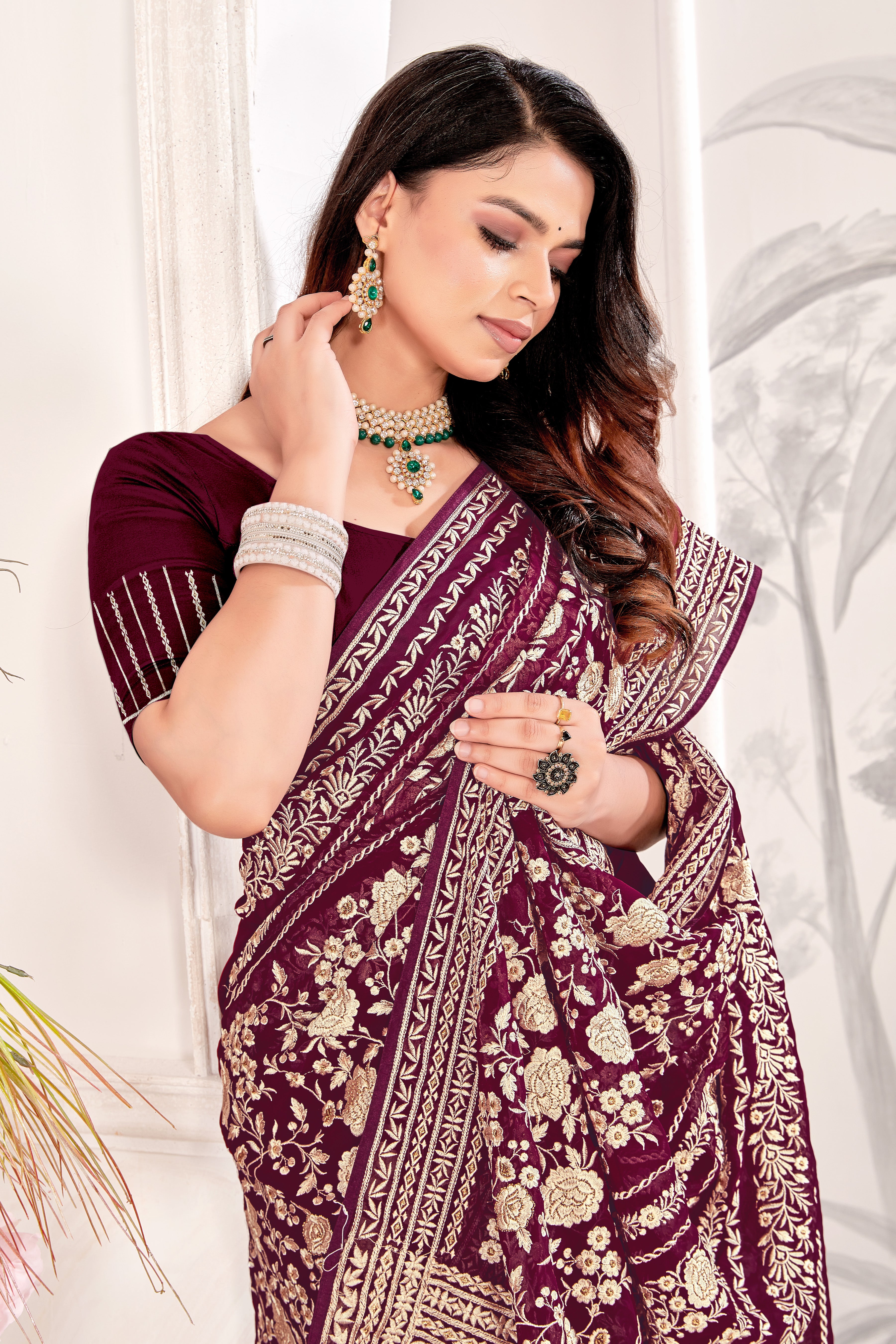 Maroon Georgette Saree | Heavy Resham & Jari Embroidery with Work Blouse
