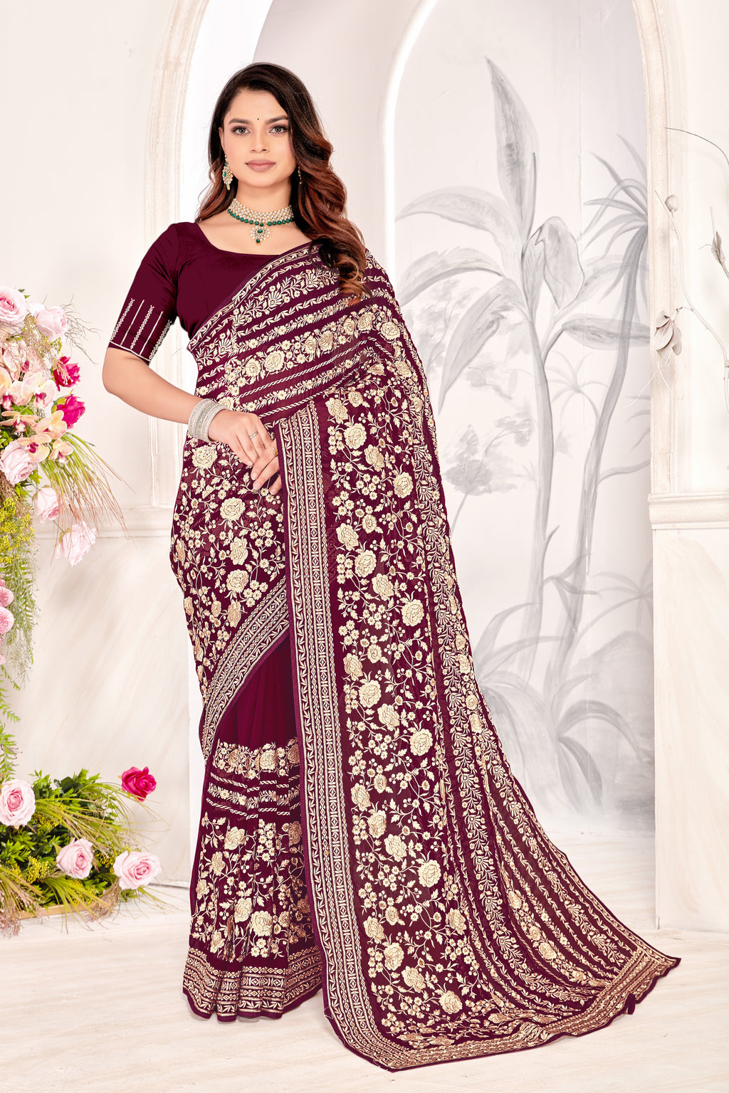 Maroon Georgette Saree | Heavy Resham & Jari Embroidery with Work Blouse