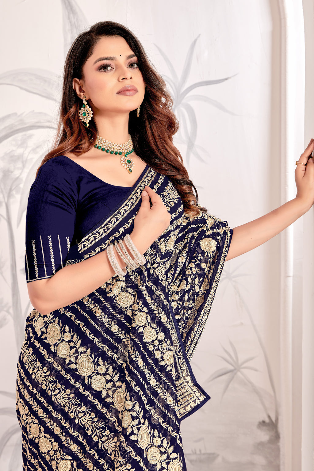 Nevi Georgette Saree | Heavy Resham & Jari Embroidery with Work Blouse