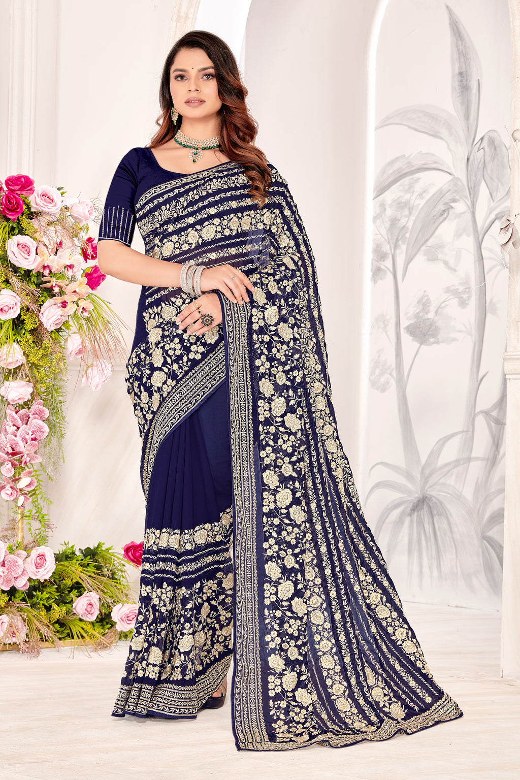 Nevi Georgette Saree | Heavy Resham & Jari Embroidery with Work Blouse