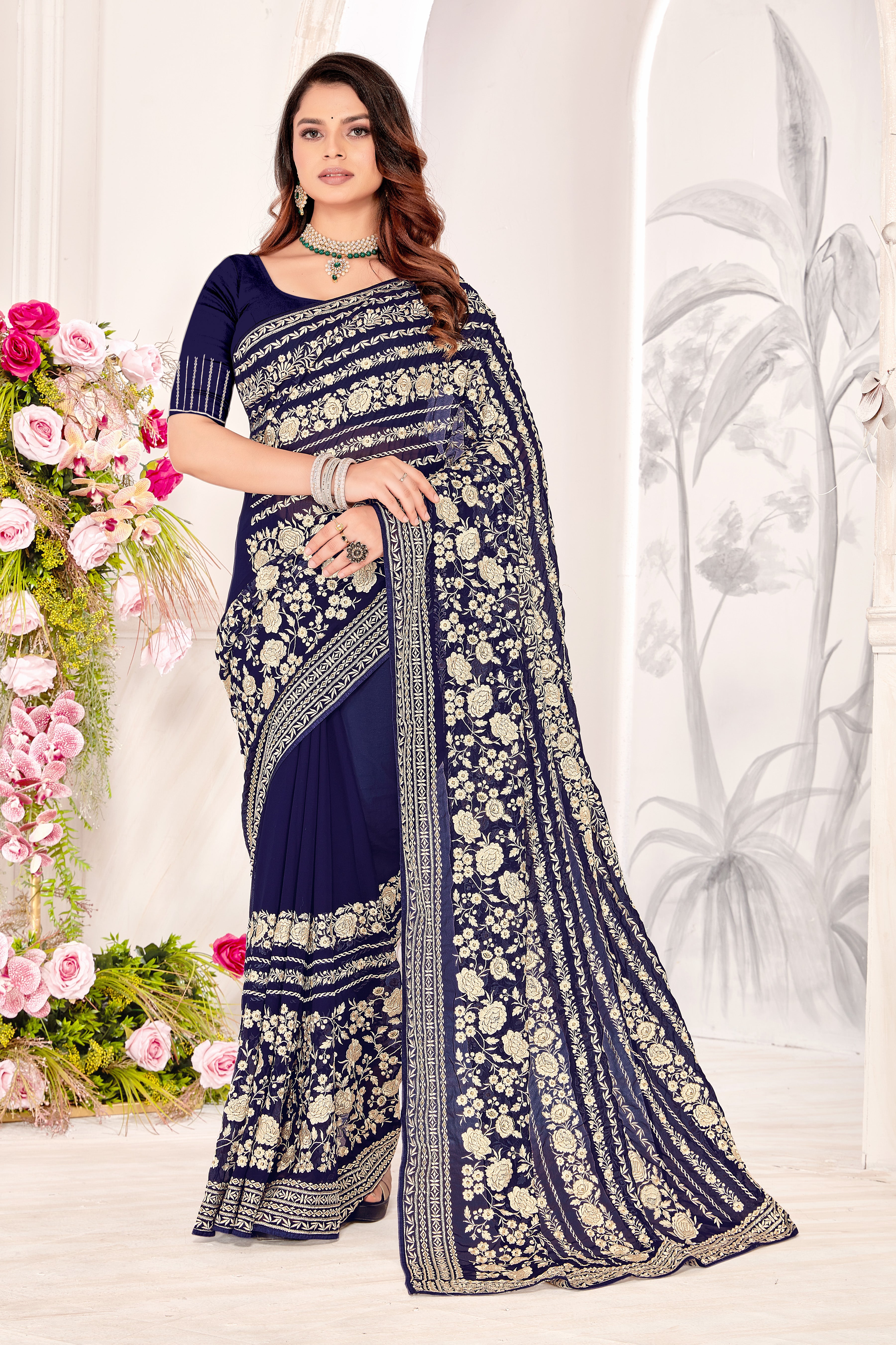 Nevi Georgette Saree | Heavy Resham & Jari Embroidery with Work Blouse