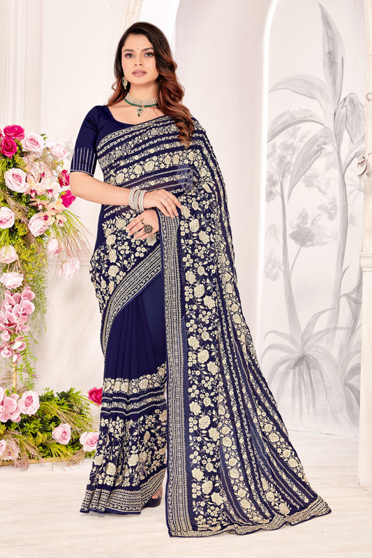 Nevi Georgette Saree | Heavy Resham & Jari Embroidery with Work Blouse