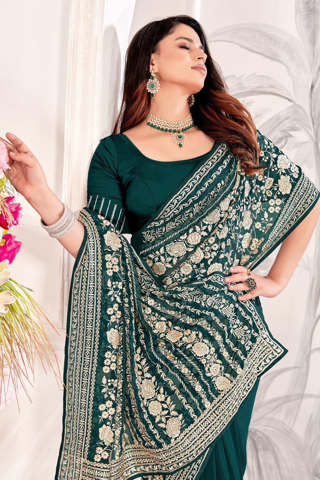 Rama Georgette Saree | Heavy Resham & Jari Embroidery with Work Blouse