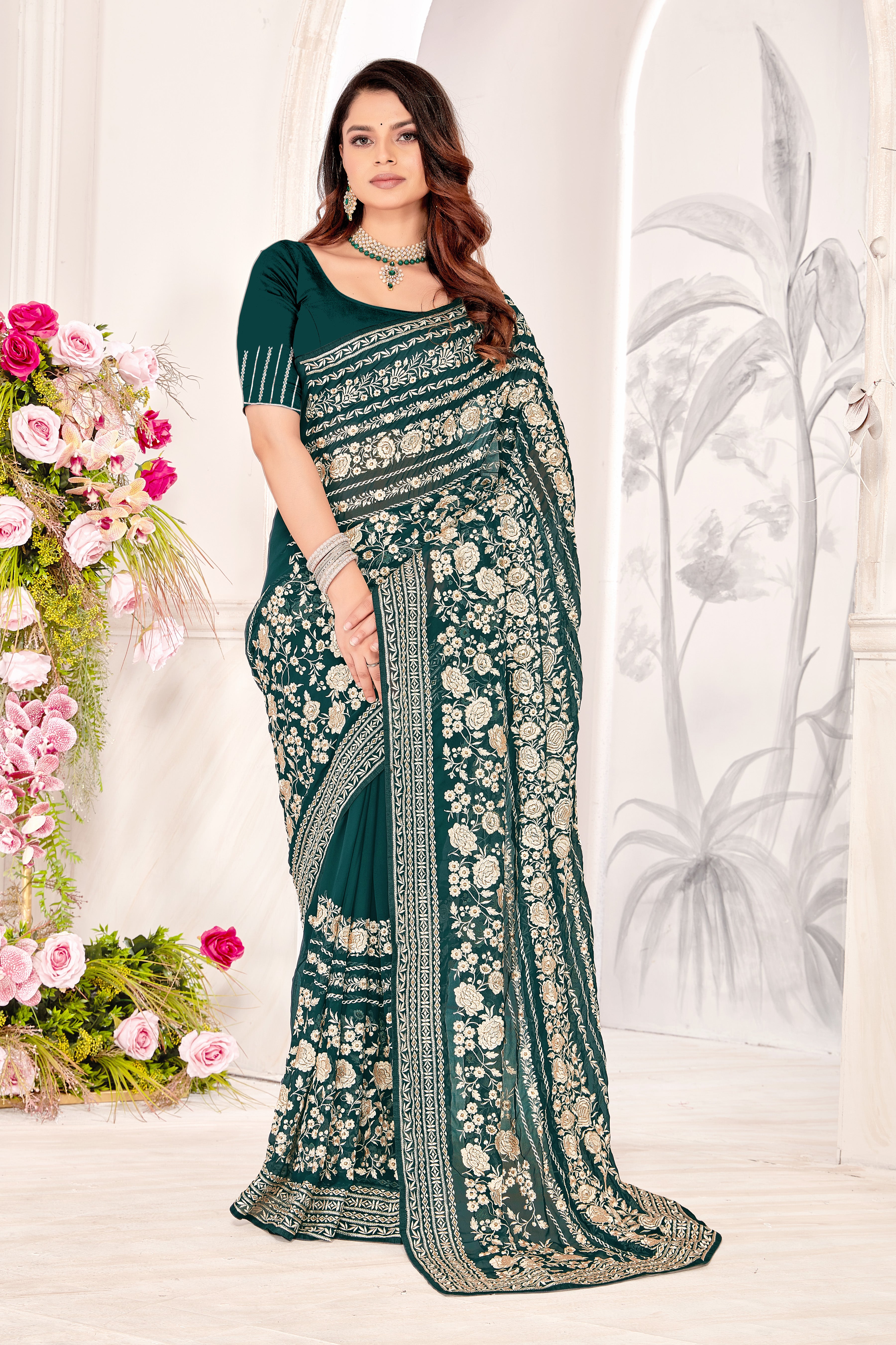 Rama Georgette Saree | Heavy Resham & Jari Embroidery with Work Blouse