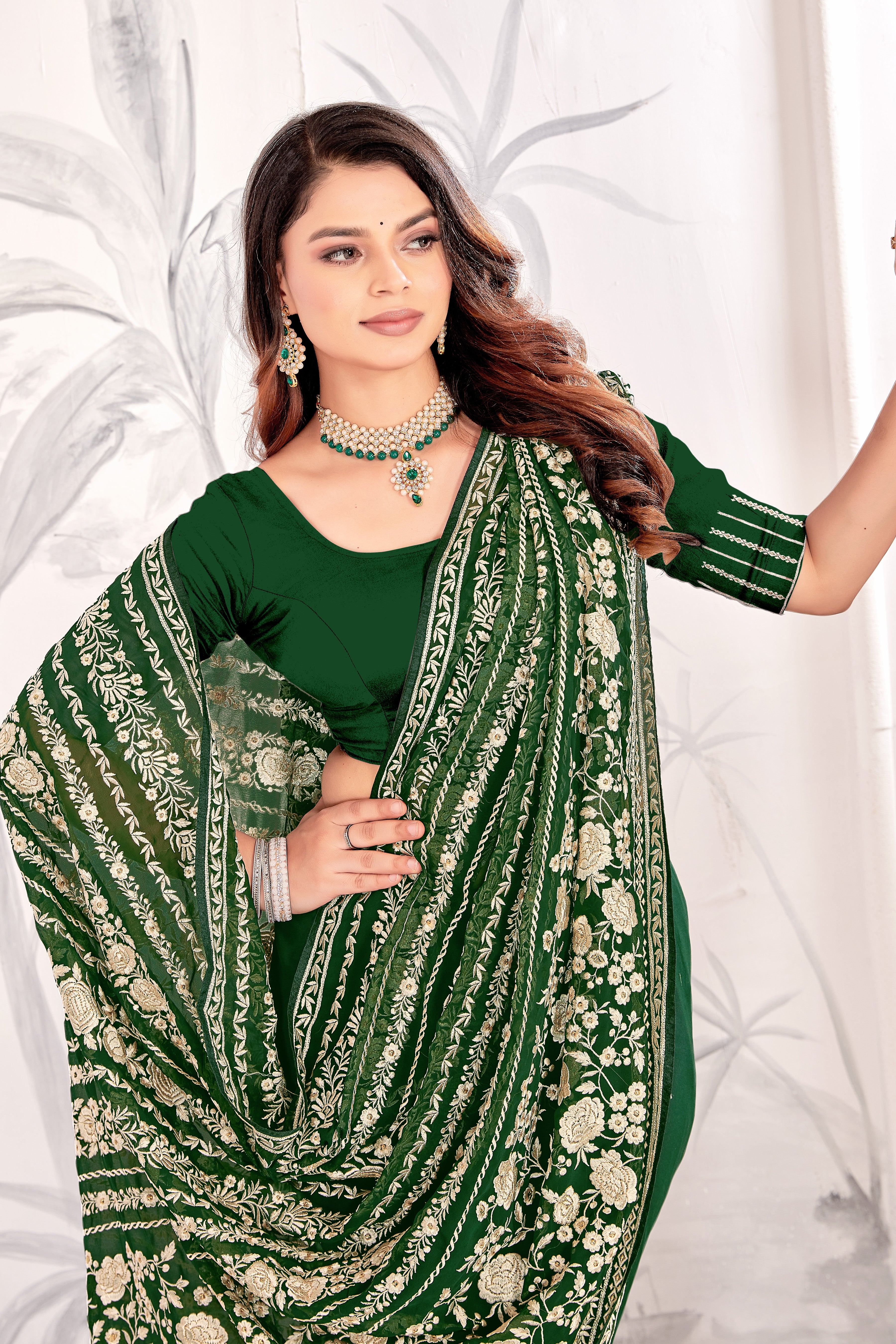 Botel Green Georgette Saree | Heavy Resham & Jari Embroidery with Work Blouse