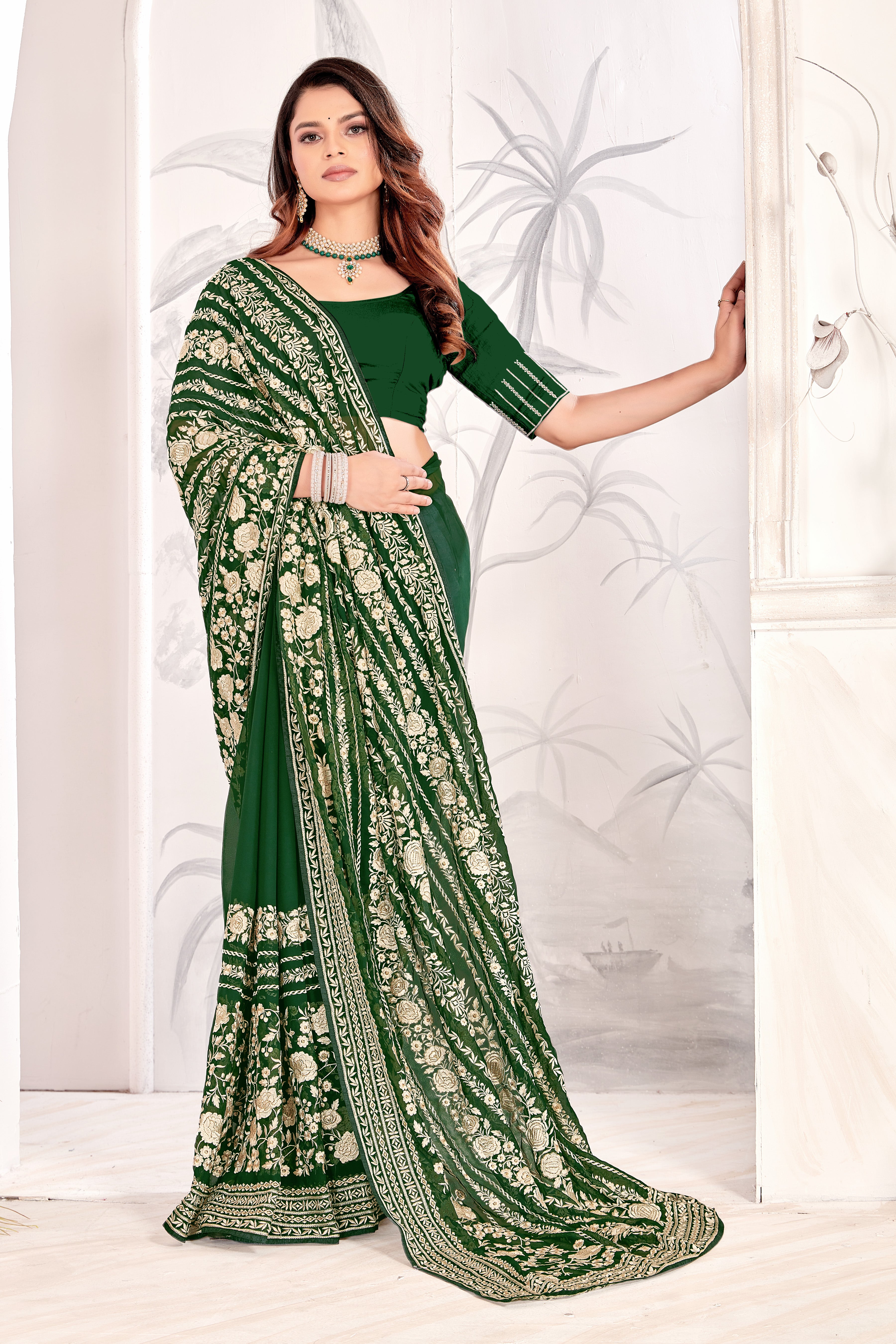 Botel Green Georgette Saree | Heavy Resham & Jari Embroidery with Work Blouse